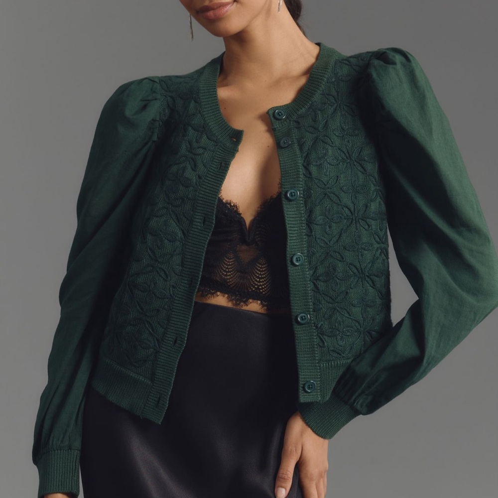 NWT By Anthropologie Mixed Media Cardigan Sweater Green L